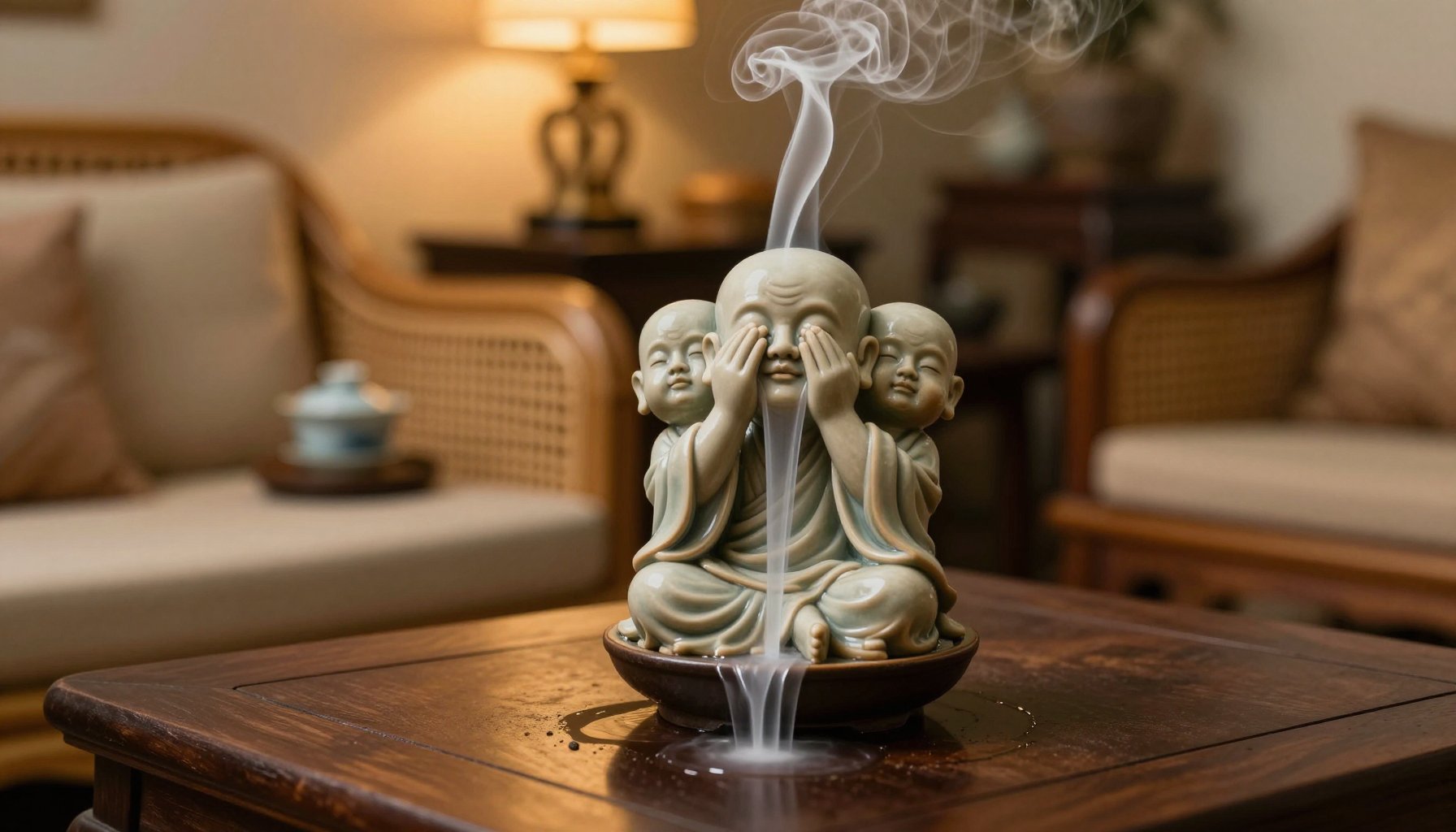 Thác khói chú tiểu bốn không để bàn phong thủy thư giãn