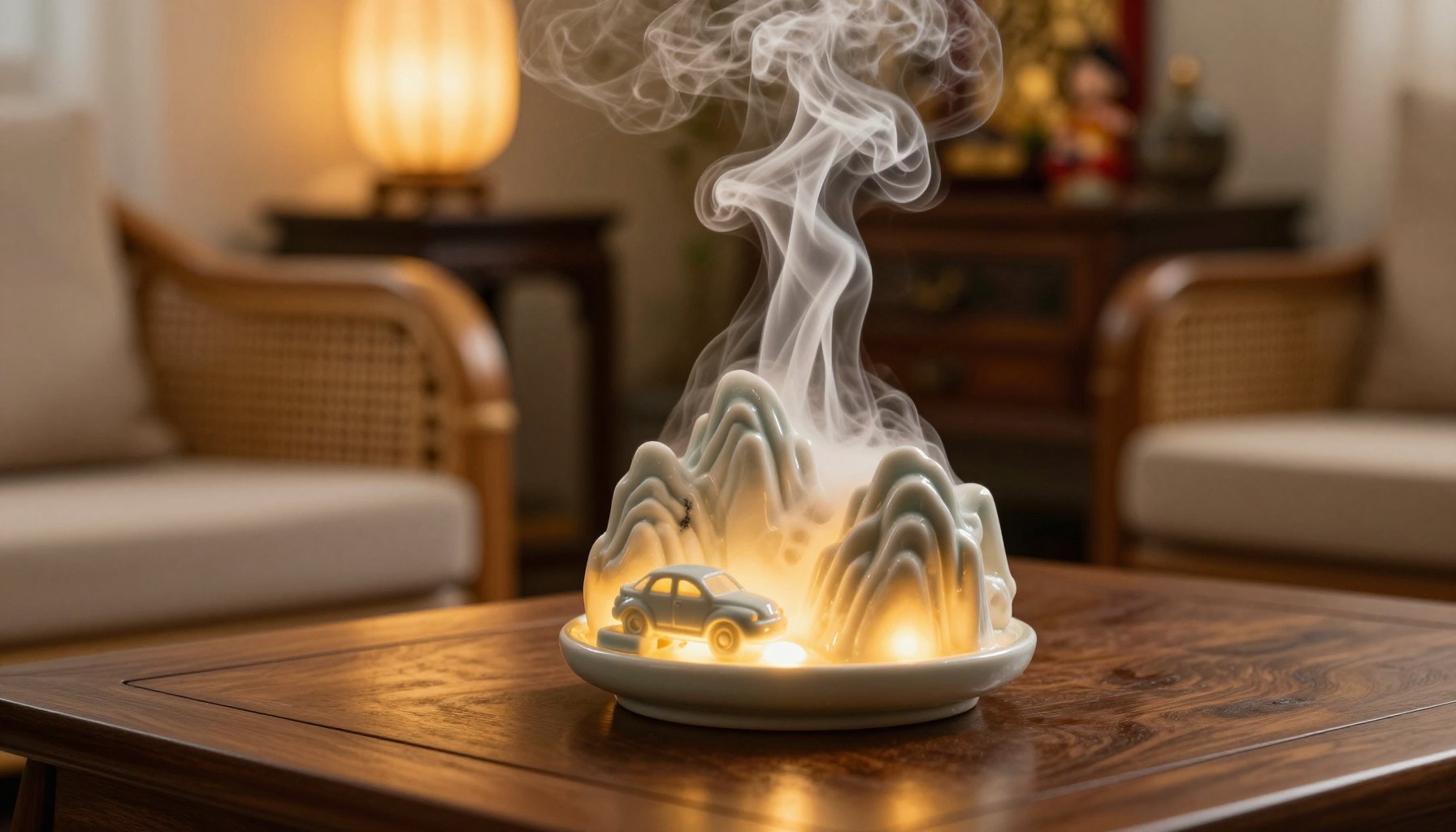 thác khói trầm hương đèn led trang trí phòng khách