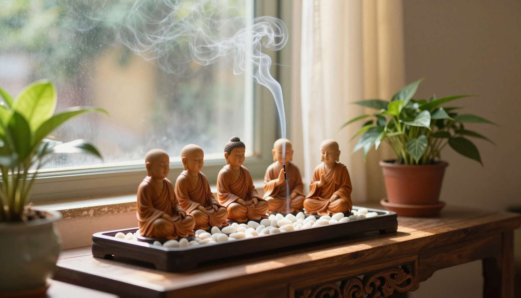 Tượng chú tiểu ngắm khói trầm hương thư giãn