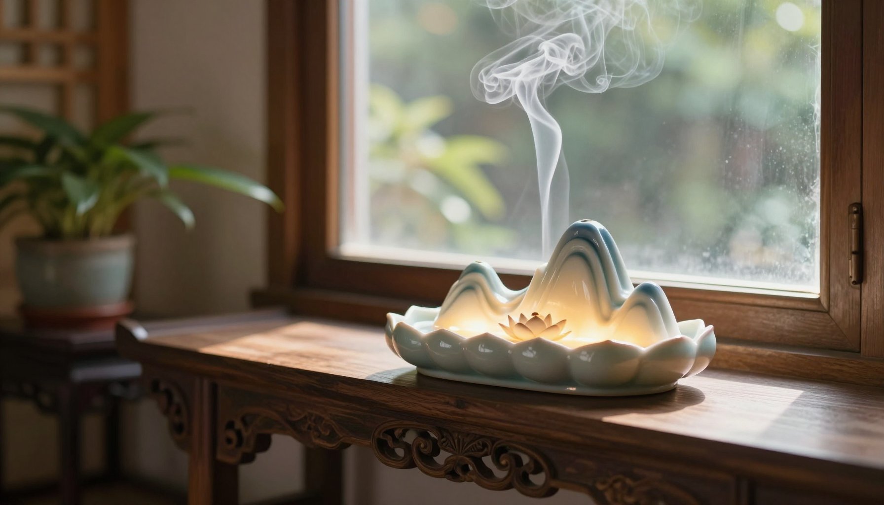 thác khói trầm hương đèn led trang trí bàn trà
