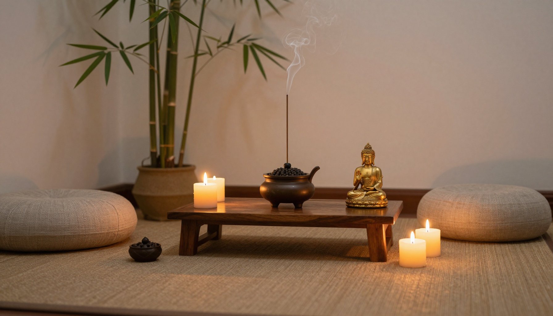 Thác khói trầm hương bàn tay phật và tượng Phật trang trí thiền